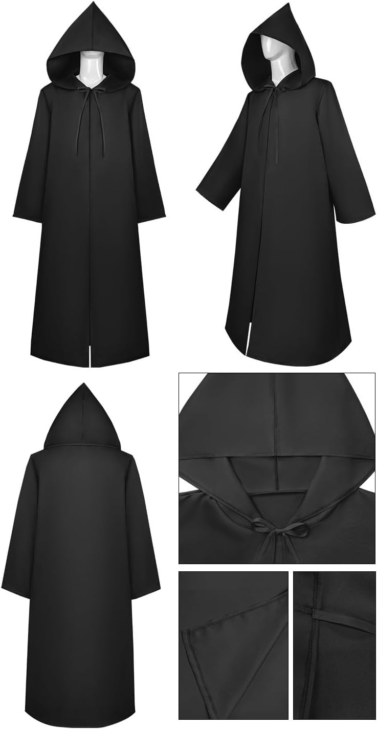 Wizard Costumes with Warlock Cloak Wig Beard Gloves Wand Halloween Magician Sorcerer Cosplay Outfit Party Props Black - Image 8
