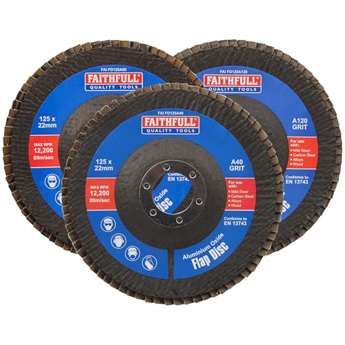 Faithfull FAIFD125AM3 125mm Flap Disc Aluminium Oxide Set – 40/80/120 Mix Grit, Angle Grinder Discs for Sanding Steel, Wood, Alloys – 3PCS