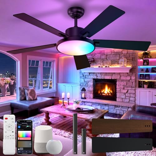 CINOTON 52" Smart Ceiling Fan,2 Downrods Ceiling Fan with Light and Remote, Alexa/Google/App Control, 6 Speeds & 2 Fan Modes, Reversible DC Motor, 25W Dimmable LED,5CCT+RGB, for Bedroom Living Room