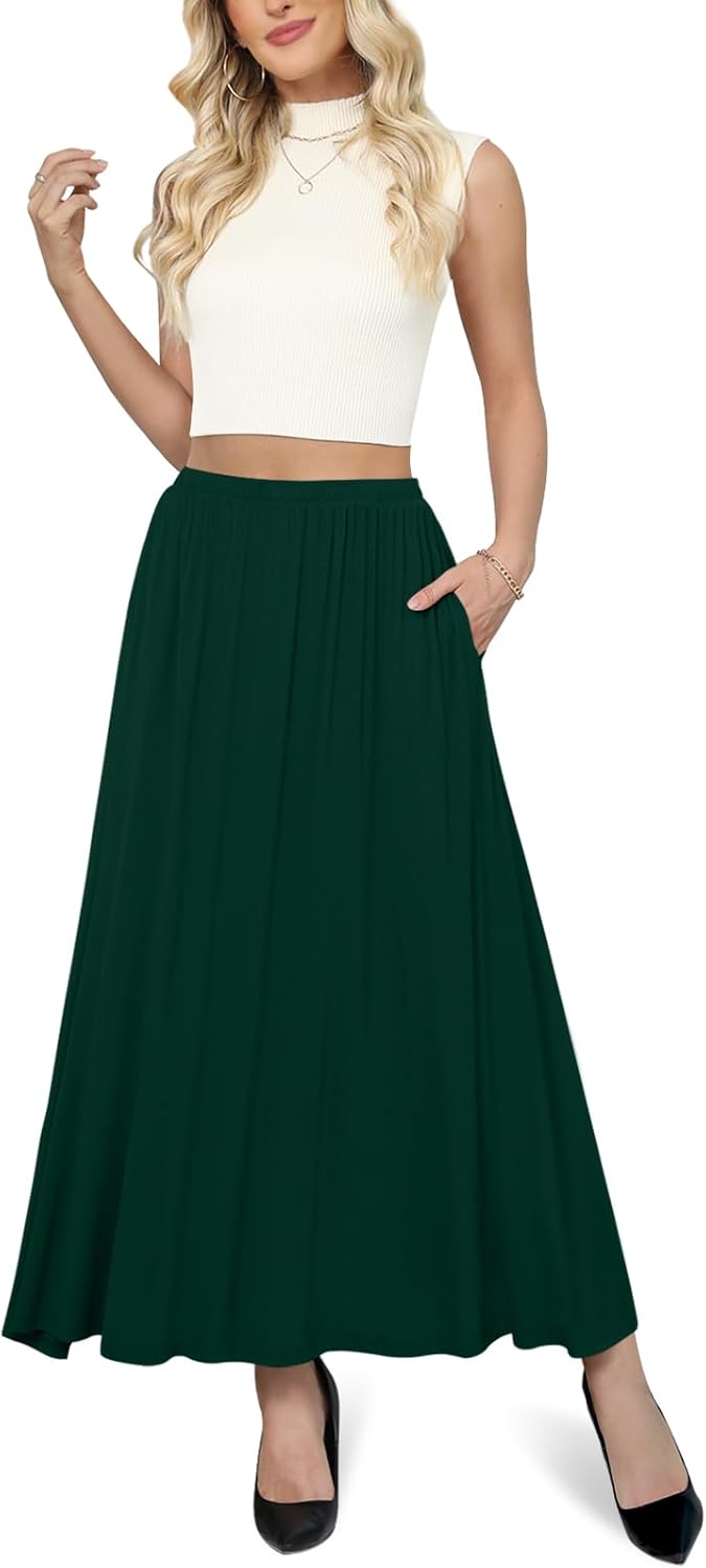Yincro Womens Maxi Skirt Casual Flowy Elastic High Waist Long Skirts with Pockets