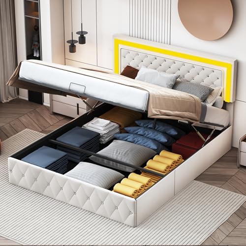 KEFSR Cadre de lit capitonné en velours avec rangement hydraulique, tête de lit moderne réglable à LED avec décoration en strass, pas besoin de sommier tapissier, beige, 140 x 200 cm