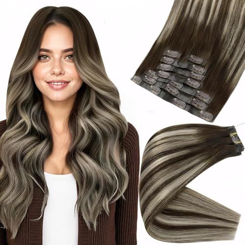 Image of Full Shine Seamless Hair Extensions Clip in 14 Inch Brown Balayage Clip in Hair Extensions Straight Dark Brown Balayage Platinum Blonde Hair Softness 8 Pcs 120g