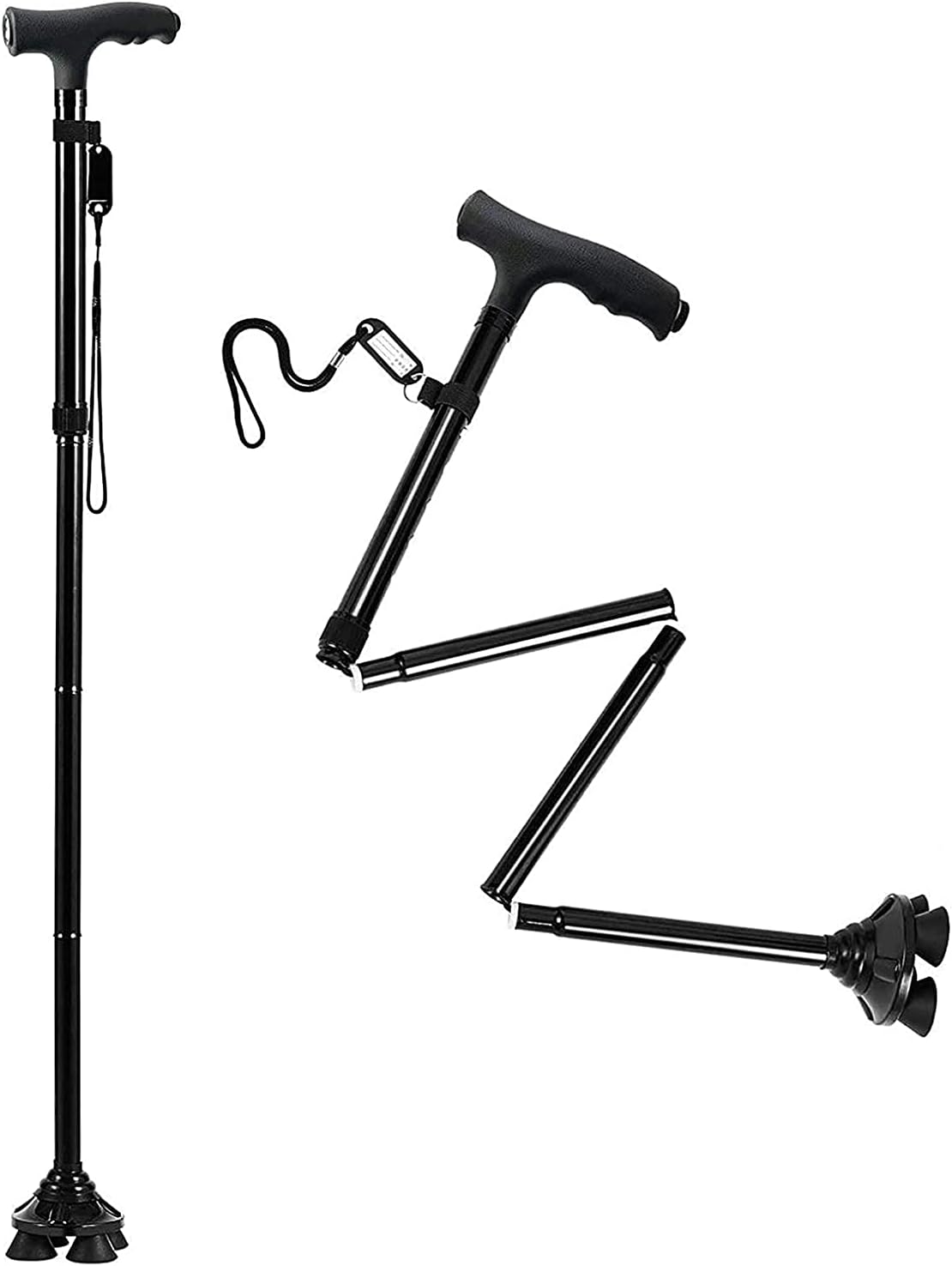 MiR MART Adjustable Twin Grip Cane Safe & Easy Handled Cane for Seniors with LED Lightweight Folding Walking Stick for Men & Women Black