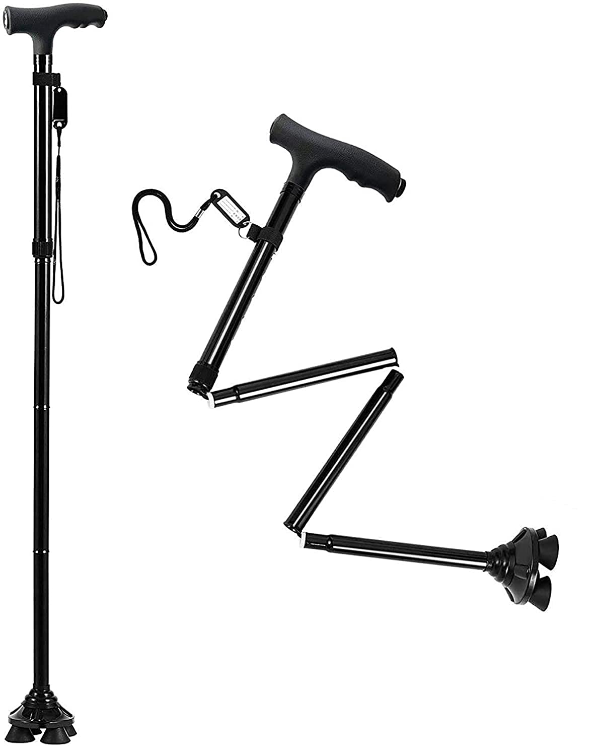 MiR MART Adjustable Twin Grip Cane Safe & Easy Handled Cane for Seniors with LED Lightweight Folding Walking Stick for Men & Women Black