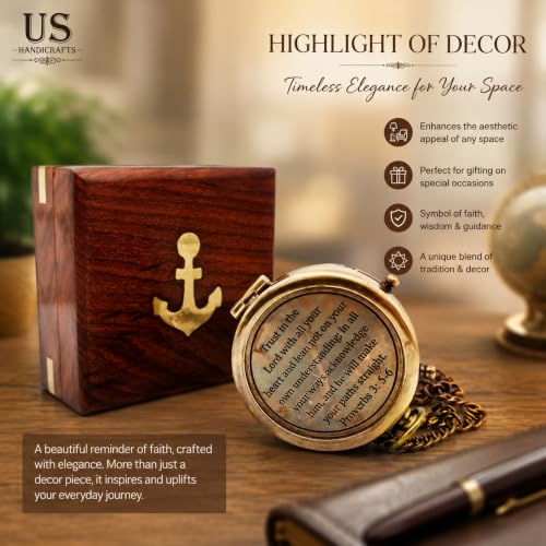 Brújula de latón grabada con estuche de madera miniatura 7