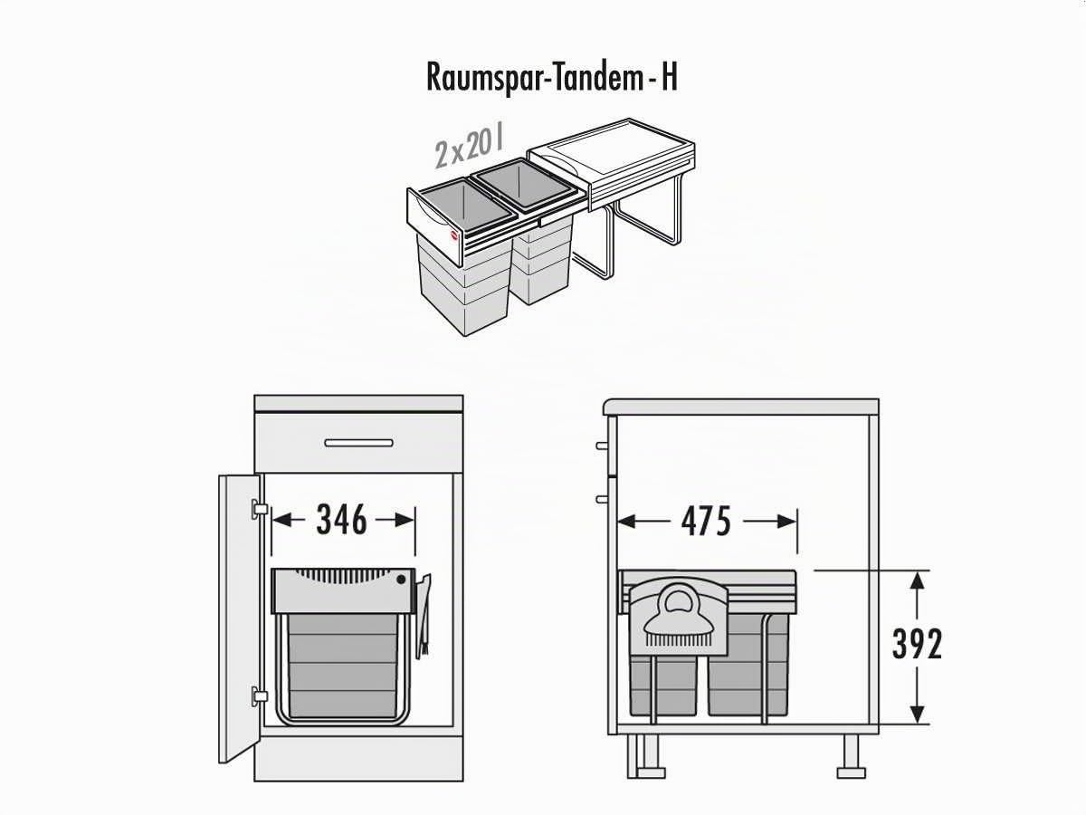 Poubelle de cuisine tri sélectif 2 bacs encastrable 40L (20+20) Hailo Raumspar Tandem + Kit Balayette