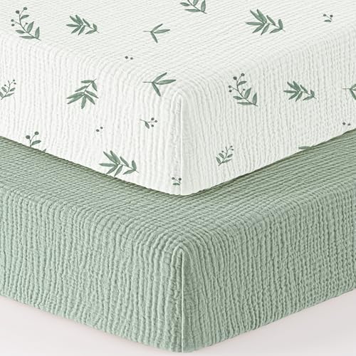 Image of Bearmoss Muslin Mini Crib Sheets for Pack N Play Mattress - 100% Cotton - 38 inchx26 inch Soft Breathable Playard Baby Crib Sheets Neutral for Boys Girls - 2 Pack (Bamboo)
