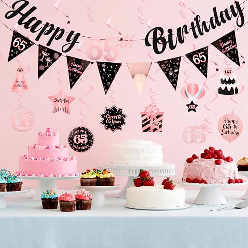 Image of 65th Birthday Decorations for Women Rose Gold Pink Pre Strung Happy 65th Birthday Banner and Hanging Swirls 65 Year Old Party Decorations Supplies