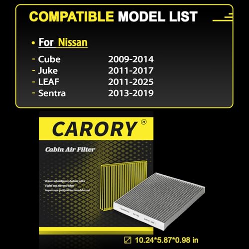 Image of CARORY Cabin Air Filter w /Activated Carbon for 2009-2014 Nissan Cube, 2011-2017 Juke, 2011-2025 LEAF, 2013-2019 Sentra, 27277-3DF0A, 27891-1FC0A, 27891-1FD0A, 27891-3DF0A, CF177