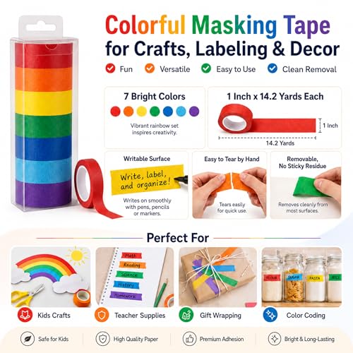 Image of Colored Masking Tape 1 Inch, 7 Rolls, Colorful Tape for Crafts. | 7 colored tape rolls, 14.2 yd each, writable and removable, easy to tear by hand, in a clear hanging case.