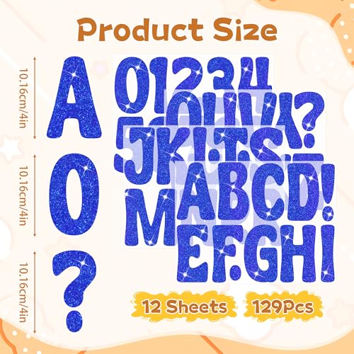 Image of Bulletin Board Letters 129 PCS Glitter Letter Stickers Large 4 Inch, Blue | 12 Sheets,Alphabet Number Stickers,Self-Adhesive,Sticker Letters for Poster Board,Classroom,Display,Mailbox,Craft,Party Decor