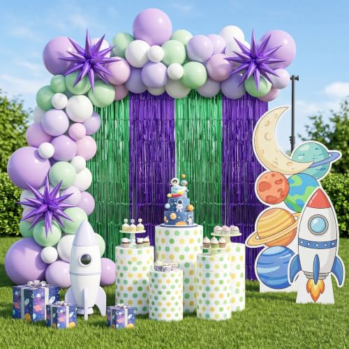 Image of TONIFUL 2Pcs Green and Purple Metallic Tinsel Foil Fringe Curtain Streamer | 3.3ftx6.6ft Photo Booth Backdrop Door Streamer for Birthday Graduation Baby Shower Cartoon Turtle Themed Party Decorations