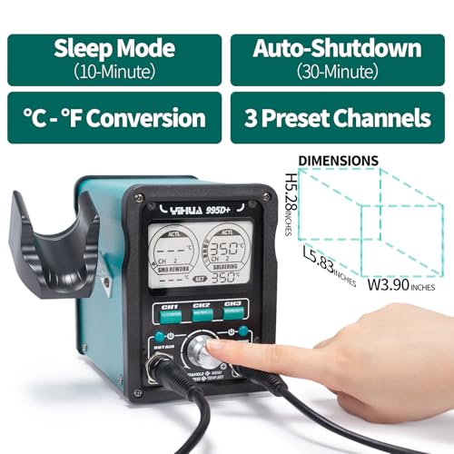 YIHUA 995D+ EVO Soldering Hot Air Station Kit 2-IN-1 110W Soldering Iron with LCD Display, Power Meter, Preset Channels, Sleep Mode, °C-°F Conversion, Automatic Shutdown Functions