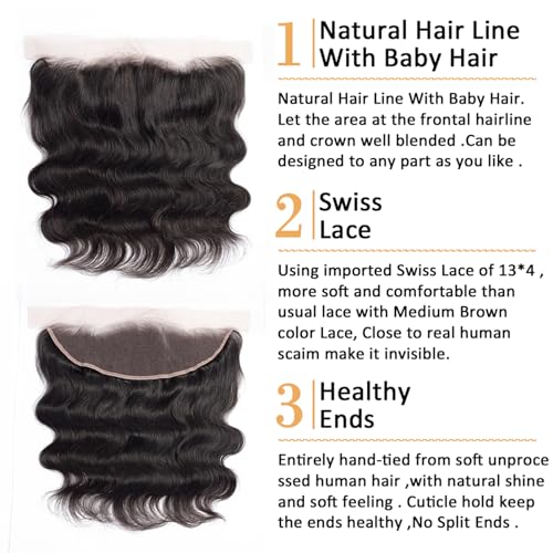 Image of Body Wave 13x4 Ear to Ear Lace Frontal Closure 18 Inch 100% Unprocessed Brazilian Virgin Human Hair Lace Frontal Closure Bleached Knots 180% Density Pre Plucked With Baby Hair Natural Color