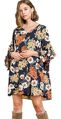 Umgee Fall Floral Print Ruffle Bell Sleeve Dress (Small, Navy Mix)