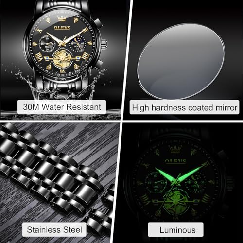 Image of OLEVS Men Watches Stainless Steel Chronograph Watch, Large Wrist Analog Quartz Watch, Fashion Waterproof Diamond Roman Numerals Dress Watches for Men, Gold /Black /White /Blue /Grey Dial