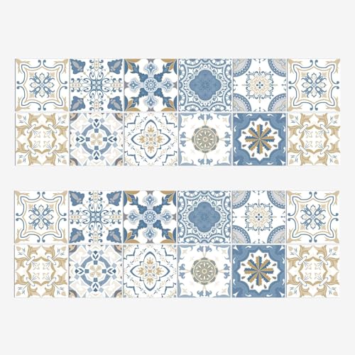Dinghaole Lot de 24 autocollants carreaux bleus victoriens vintage, autocollants muraux...
