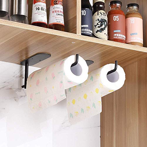 Paper Towel Holder Under Kitchen Cabinet - Self Adhesive or Drilling Paper Towel Holder Stick on Wall for Kitchen, Bathroom, Cabinets, SUS304 Stainless Steel - Black