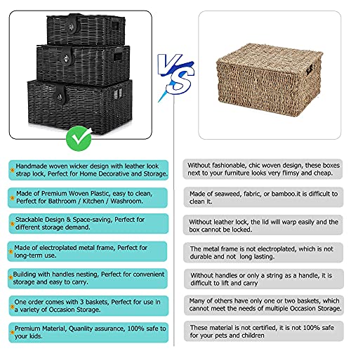 Image of Set of 3 Woven Storage Basket Box Wicker Hamper Stackable Bin with Lid & Lock, Built-in Carry Handles, Organizer for Nursery, Baby Closet, Diaper, Toys, Home, Office, Laundry, DVD (Black)