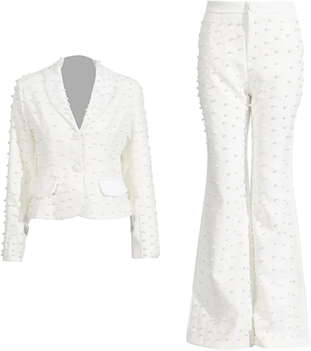 Women Lapel Long Sleeve Patchwork Beading Blazer High Waist Flare Trousers Suit Chic Two Piece Set