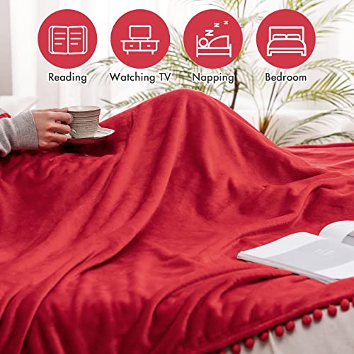 Miulee Fleece Blanket With Pompom Fringe, Soft Cozy Lightweight Flannel Bed Blanket Fuzzy Plush Warm Blanket With Boho Decorative Tassel For Couch Sofa, Throw Size 50"X60", Red #TOP3