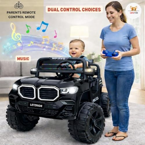 Image of Kids Electric Ride-On Car for 1-6 Years | Battery Operated with LED Lights, Music, Remote Control & Rechargeable Battery | 4-Wheel Drive Toy Car for Boys & Girls (Black)