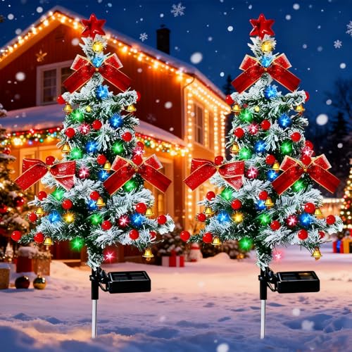 Quintrost Árbol de Navidad Luces Solares de Jardín, 2 Piezas Árbol de Navidad con LED Cadena de Luces, Lámparas Solar Exterior IP65 Impermeable, Decoración para Patio, Césped y Caminos