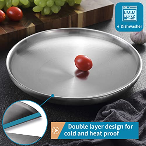 Sanbege 304 Stainless Steel Dinner Plates, 9" Double Layered Serving Plates, Brushed Metal Dishes For Camping, Bbq, Steak, Salad, Snack, Pack Of 4 #TOP4