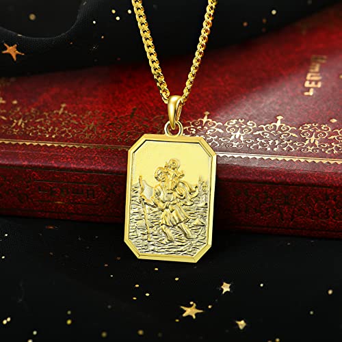 Fj 18K Yellow Gold Medium Saint Christopher Square Pendant With 24 Inch Chain For Him #TOP2