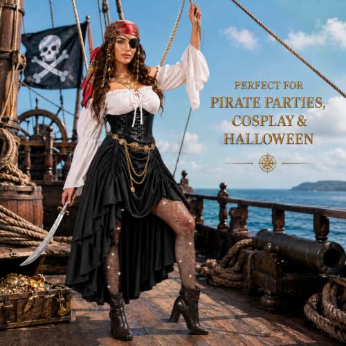RYJJEEST Déguisement Pirate Femme 9 Pièces, Costume Pirate Médiéval avec Corset, Haut, Jupe Réglable, Ceinture, Foulard,Costume Renaissance pour Halloween Carnaval Cosplay Soirée à Thème (Noir, XL) – vue 7