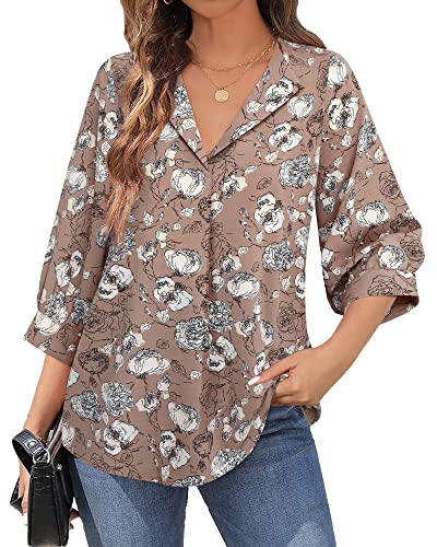 Unixseque Women Work Blouses,Ladies Tops 3/4 Sleeve Elegant Chiffon V Neck Blouses Pleated Fits Relaxed Fit Business Casual Tops For Women Solid Color Work Chiffon Blouse Formal Professional Tops #TOP1