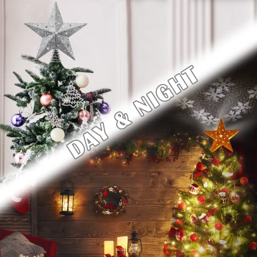 Ipow Led Snowflake Projector Star Christmas Tree Topper, 11.3 Inch Silver Glittered Star Treetop Lighted Rotating Snow Flake For Christmas New Year Holiday Decoration, Night Light Projector For Kids #TOP5