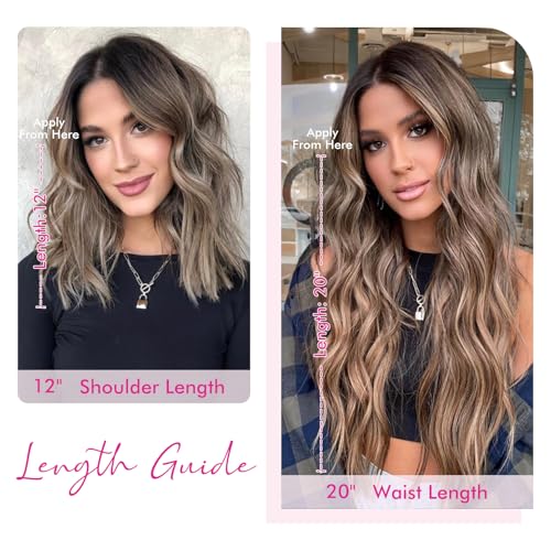 REECHO Invisible Wire Hair Extensions with Thinner Softer Lace Weft (Dark Blonde with Highlights, 12 Inch (Pack of 1))
