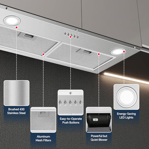 Zomagas Range Hood Insert 30 Inch Stainless Steel Built-in Kitchen Hood with 600CFM, Ductless/Ducted Range Hood, Push Button Control, 3-Speed Fan, 2 Pcs Aluminum Filters