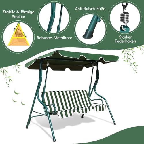 FANTASK Schaukelbank mit Verstellbares Sonnendach, 3-Sitzer Hollywoodschaukel, Gartenschaukel für Garten, Terrasse & Hinterhof, 172 x 110 x 154 cm, Grün und Weiß