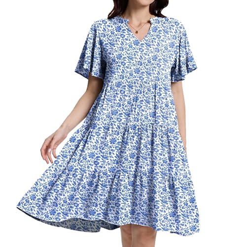 Image of Womens Casual Tiered Swing Midi Dress Ruffle Sleeve V Neck A Line Petite Summer Dresses with Pockets