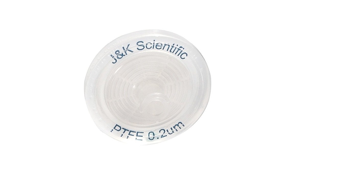 J&K Scientific Syringe Filter with Hydrophobic PTFE Membrane, Non-Sterile (25mm Diameter, 0.2um Pore Size, Pack of 100)