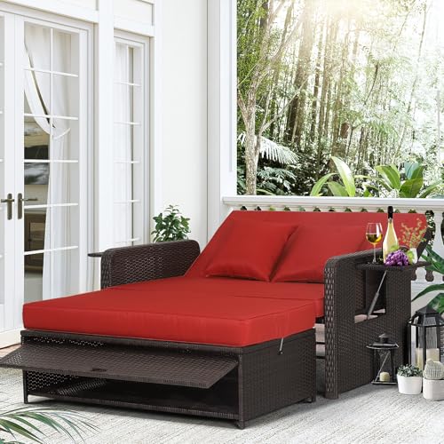LDAILY Moccha Outdoor Daybed, Wicker Loveseat Sofa Set with 4-Postion Adjustable Backrest, Storage...