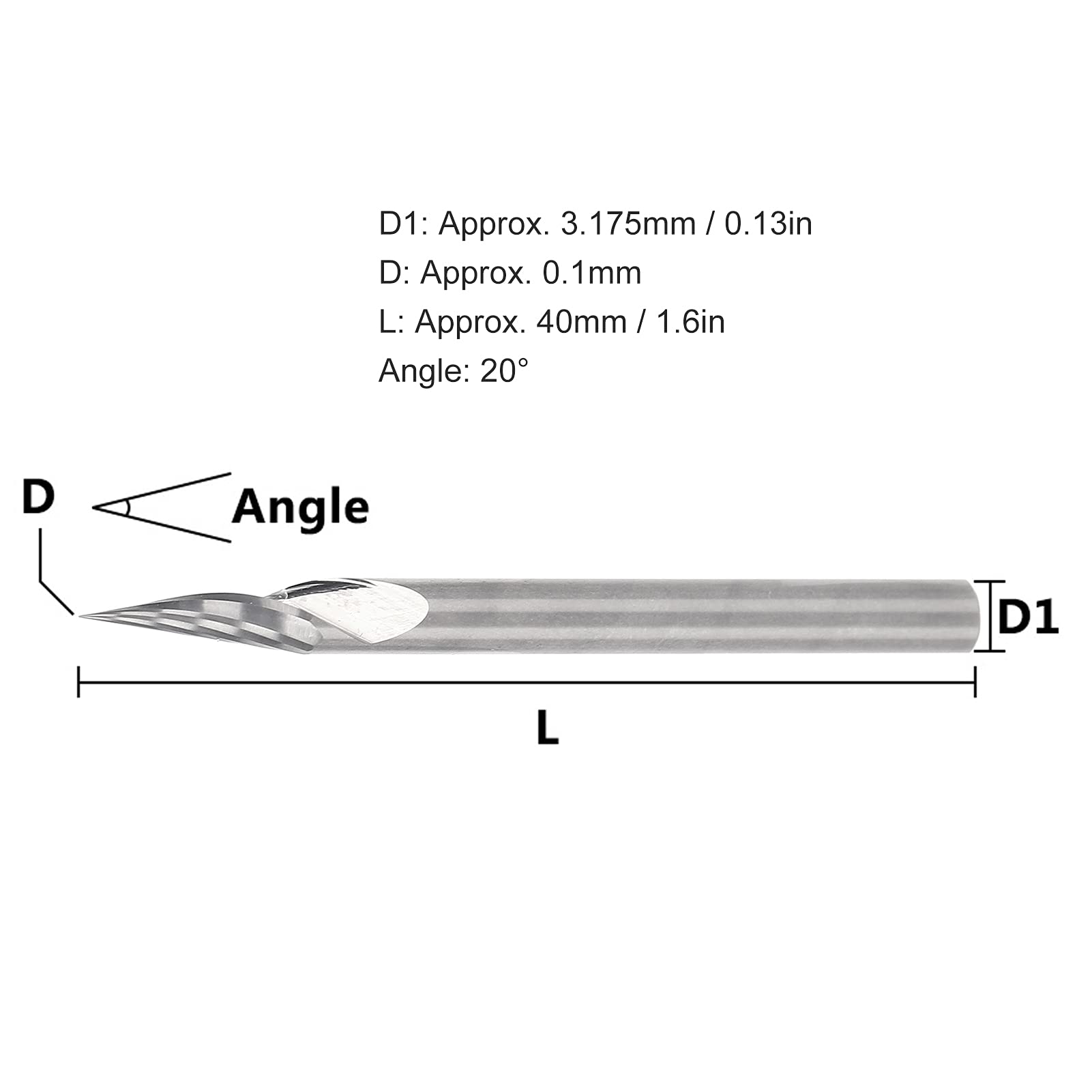 3.175x20 ° X0.1x40L Spirale 20 Gradi con Scanalatura a V Utensile per Incisione Frese Fresa in Metallo Duro con Punta a V per Operazioni di Intaglio del Legno