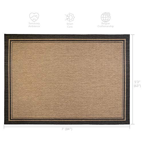 Gertmenian Indoor Outdoor Classic Flatweave Area Rug, Stain & UV Resistant Carpet, Deck, Patio, Poolside & Mudroom, 5x7 Ft Standard, Simple Border, Black Tan, 21490