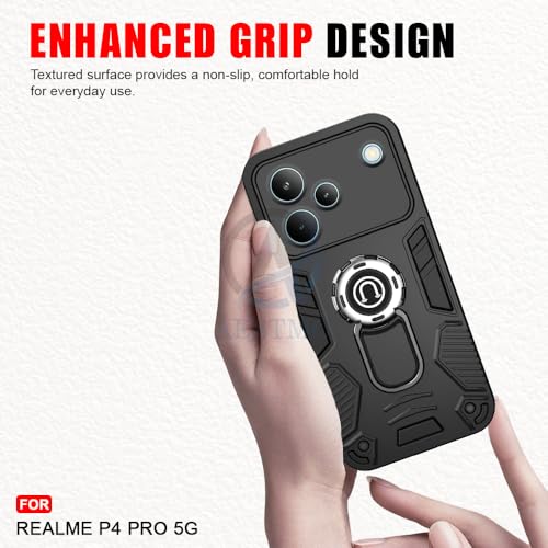 Image of AESTMO Realme P4 Pro 5G Back Case Cover | Tough Armor Bumper | Ring Holder & Kickstand in-Built | 360 Degree Protection Cover for Realme P4 Pro 5G (Black)