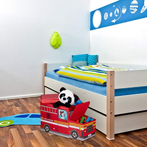 Relaxdays Sitzbox Kinder, Staubox mit Deckel, Spielzeug, faltbar, Feuerwehrauto, Stauraum, Jungen & Mädchen, 50 l, rot, H x B x T: ca. 33 x 27 x 56 cm