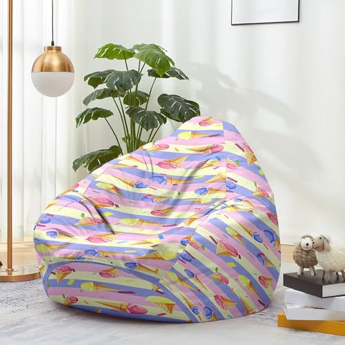 Hiseng Funda de puf, Sillón de Pera sin Relleno,Sofa Puff Gaming Salon Funda Sin Relleno para Niños y Adultos, Bean Bag con Asa para Salón, Dormitorio y Sala de Juegos (Cono de Hielo,100x120cm)