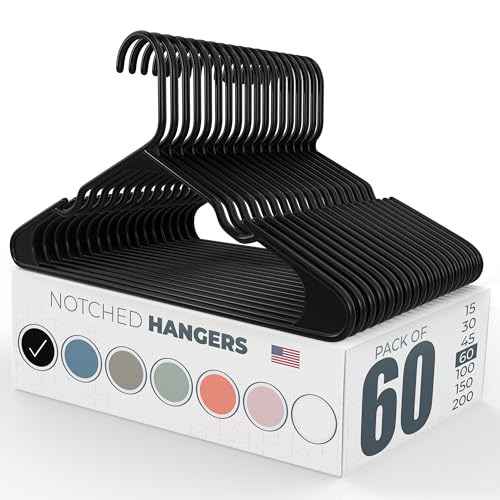 Neaties Plastic Hangers 50 Pack (60 Count) – Made in The USA – 6lb Capacity Standard Clothes Hangers with Notches and Reinforced Edges for Dresses, Lingerie, Shirts, Pants, and Jackets – Black