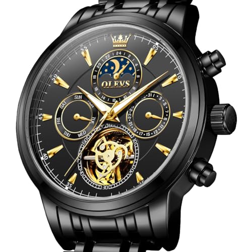 Image of OLEVS Men Automatic Skeleton Watch - Luxury Stainless Steel Calendar Moon Phase Mechanical Dress Wrist Watch with Luminous, Waterproof Self-Wind (Gold /Silver /Blue /Black)