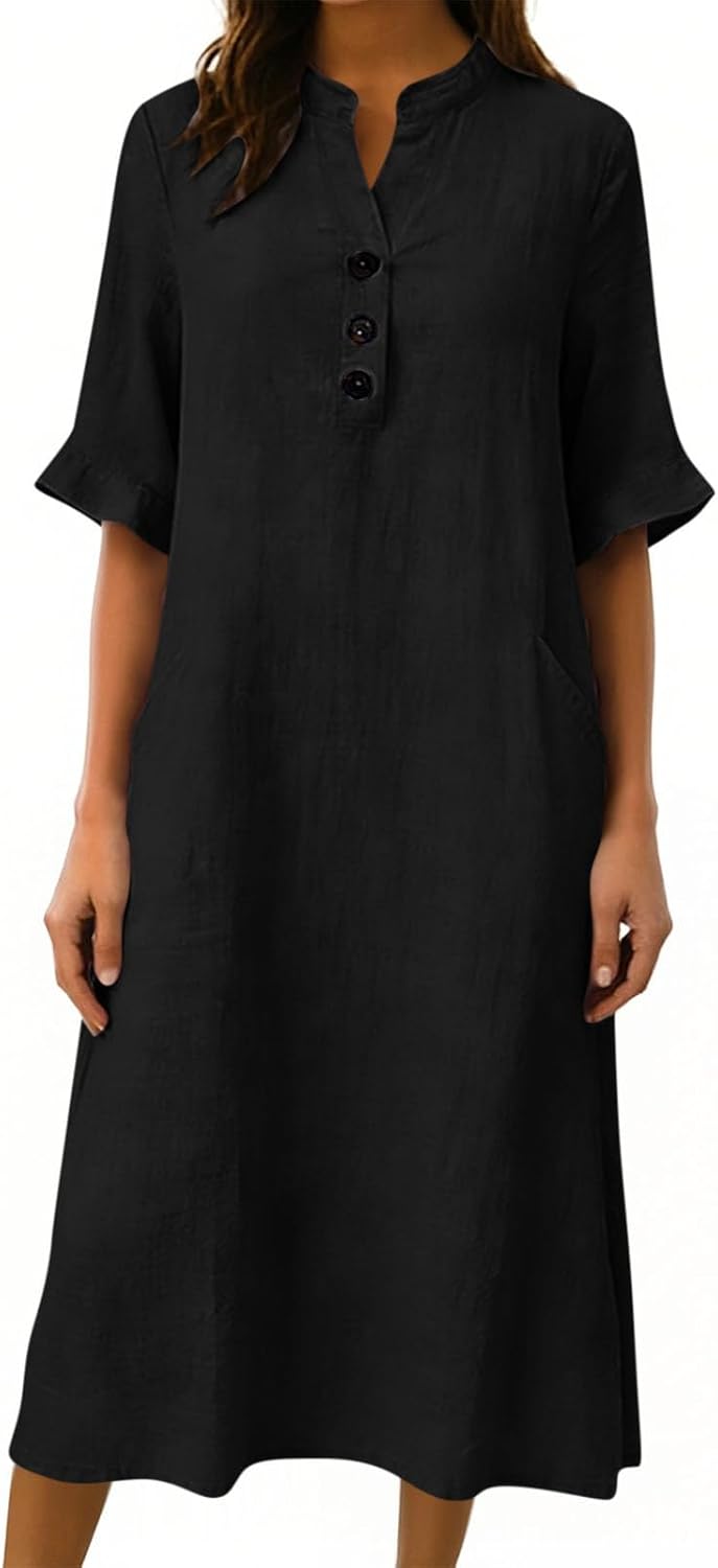 Summer Casual Dresses for Women Cotton Linen A Line Sun Dress Ruffle 3/4 Sleeve V Neck Tshirt Dress with Pockets