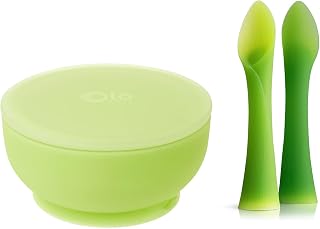 Olababy 100% Silicone Soft-Tip Training Spoon and Suction Bowl with Lid (Kiwi) Bundle