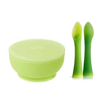 Olababy 100% Silicone Soft-Tip Training Spoon and Suction Bowl with Lid Kiwi Bundle