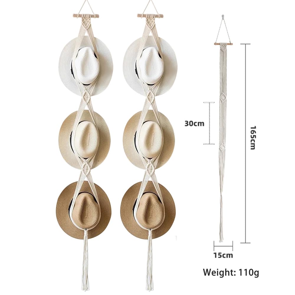 Paquete de 2 perchas para sombreros de macramé, soporte de cuerda de algodón para sombreros, soporte para gorras, perchas para puertas para sombreros de ala ancha, bufandas, bolsos, toallas