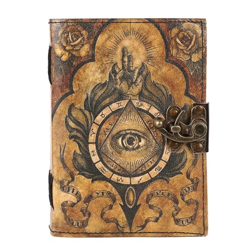 TUZECH Livro de feitiços de couro encadernado diário com borda de baralho Grimório impresso diário d